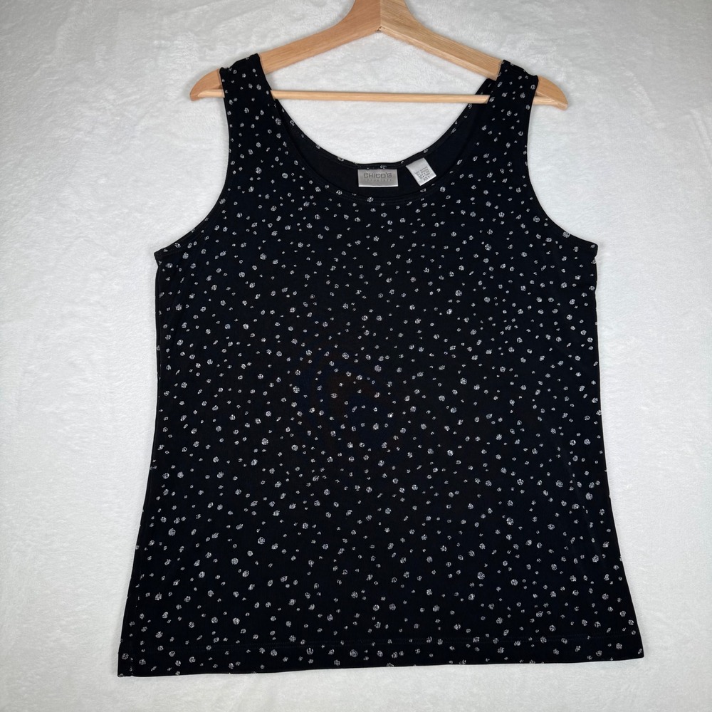 Chicos Travelers Tank Top Womens Size 3 US‎ XL Polka Dot Scoop Neck Black White - Picture 2 of 8